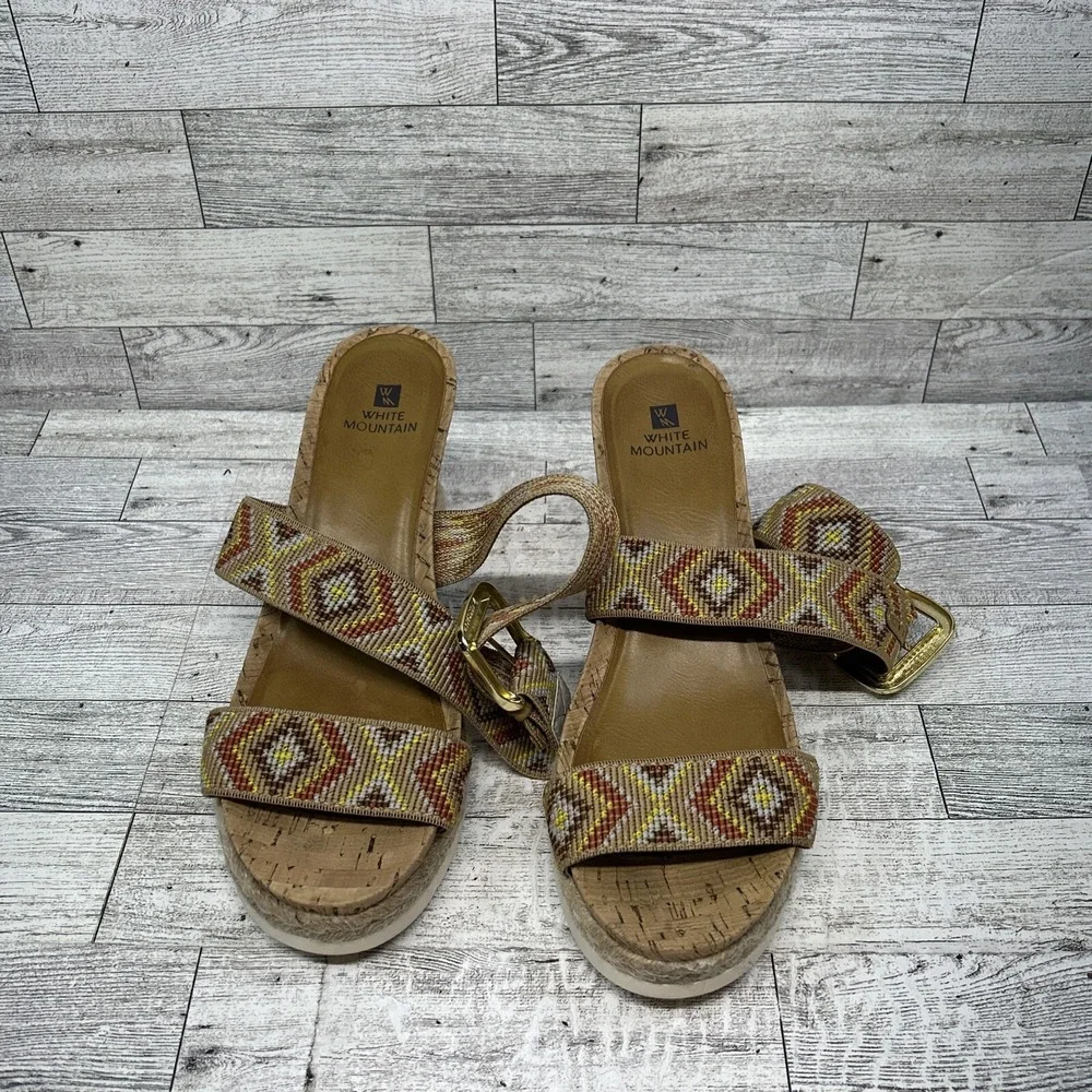 WHITE‎ MOUNTAIN Womens Pearl Espadrille Wedge Sandal Shoe  Tan Brown Aztec 8.5M